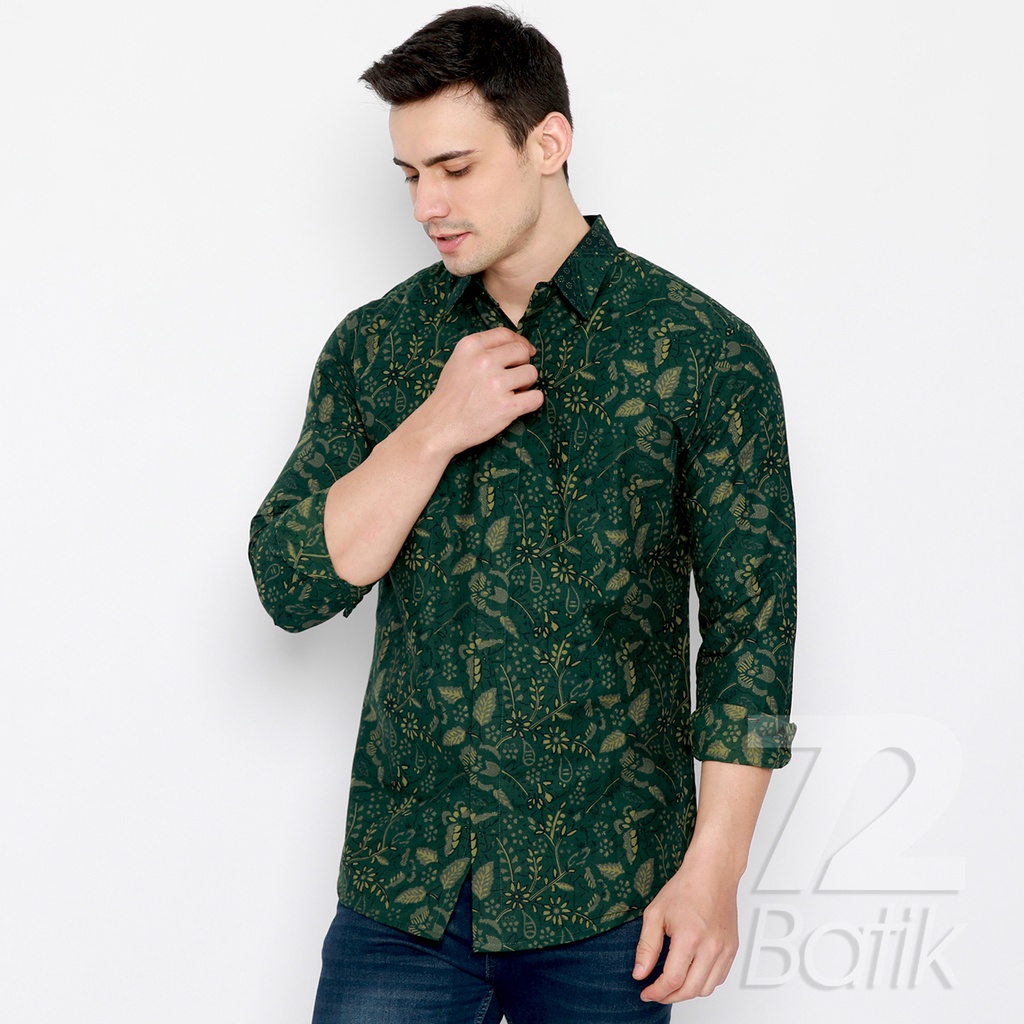 KEMEJA BATIK PRIA Slimfit Slim Fit Lengan Panjang Premium Warna Hijau Tua Ijo Kuning 728017 Cap 72 - Baju Kemeja Atasan Pakaian Setelan Batik Pria Cowok Laki Laki Remaja Keluarga Kantor Lengan Panjang Modern Slimfit Slim Fit Premium Kekinian