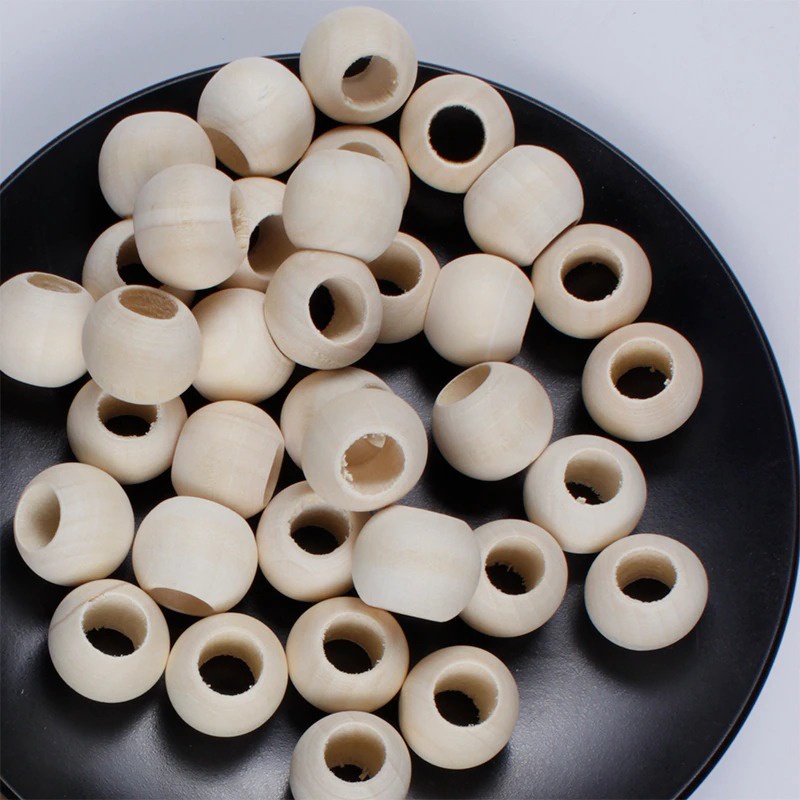 [6 PCS] Manik Kayu Bulat Natural / Wooden Beads Bulat Lubang Besar