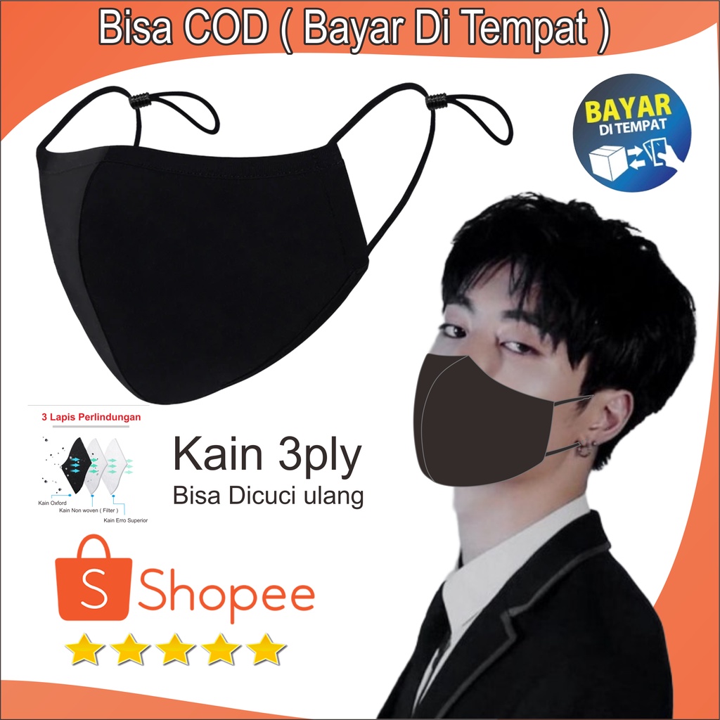 Masker Mask Duckbill Kain 3ply HItam Polos Adjustable Masker Pria Dewasa BIsa dicuci ulang Keren Dan