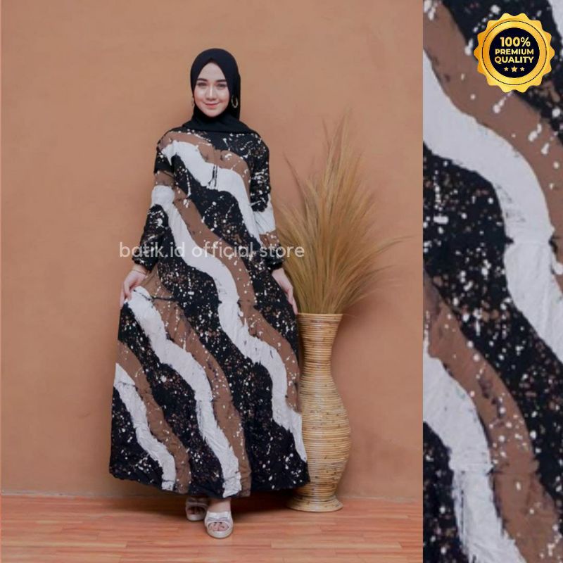 Gamis Twill Rayon Malaman Terbaru Kekinian Busui | Gamis Tiedye NEW-WAVES KECIL COKLAT
