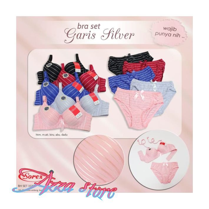 AZ170 BH Wanita Kait Busa Sedang BH Kawat Set Bra Set Seserahan Garis Silver Kawat 34-38 Sorex - 34