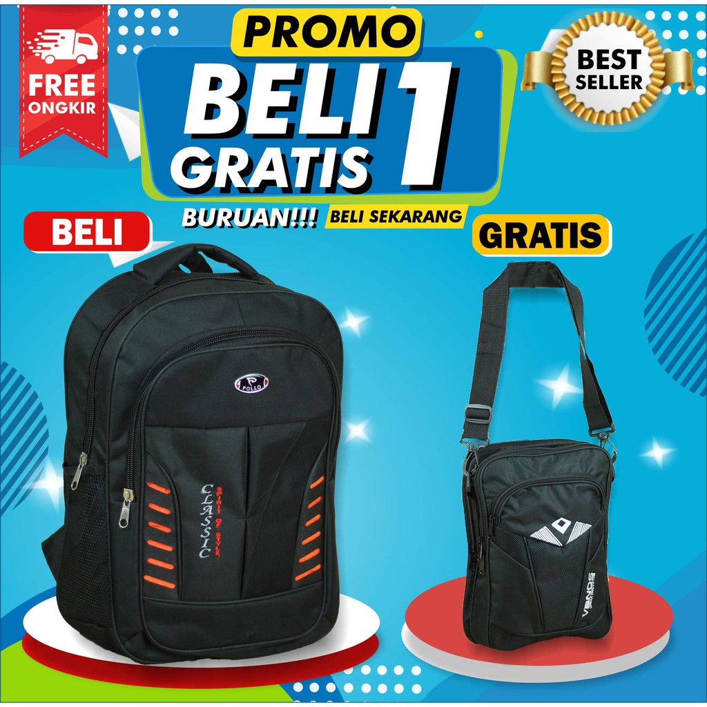 BELI 1 GRATIS 1 TAS PUNGGUNG PRIA KERJA SEKOLAH SMP SMA TAS GENDONG LAPTOP FREE SLING BAG IPAD HP