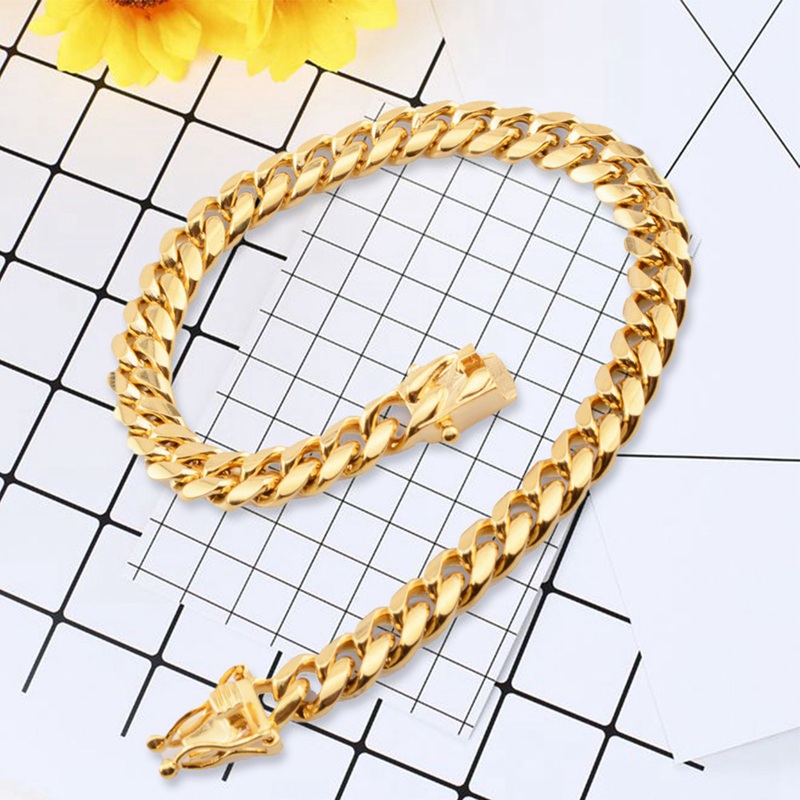 Classic 18K Gold Plated Stainless Steel Miami Cuban Link Chain Bracelet Men 10MM