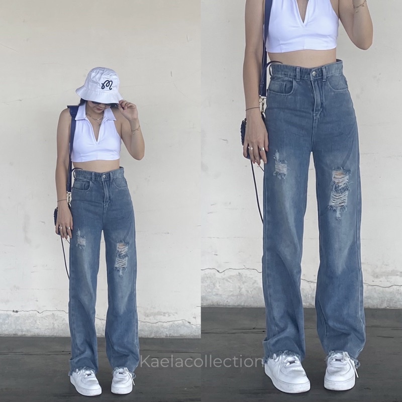 Jual Kane Jeans In Medium Blue Highwaist Ripped Wide Leg Baggy Jeans