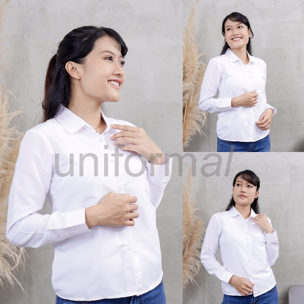 KEMEJA / WANITA / KAMEJA / BAJU KERAH / WARNA PUTIH / KULIAH / WISUDA / SHIRT CEWEK / PEREMPUAN / KANTOR / KERJA / KANTORAN / FORMAL / LENGAN PANJANG / JUMBO / BIG SIZE / ATASAN / LENGAN PANJANG / POLOS / TERLARIS / MURAH / HEM LD 120 / TERBARU