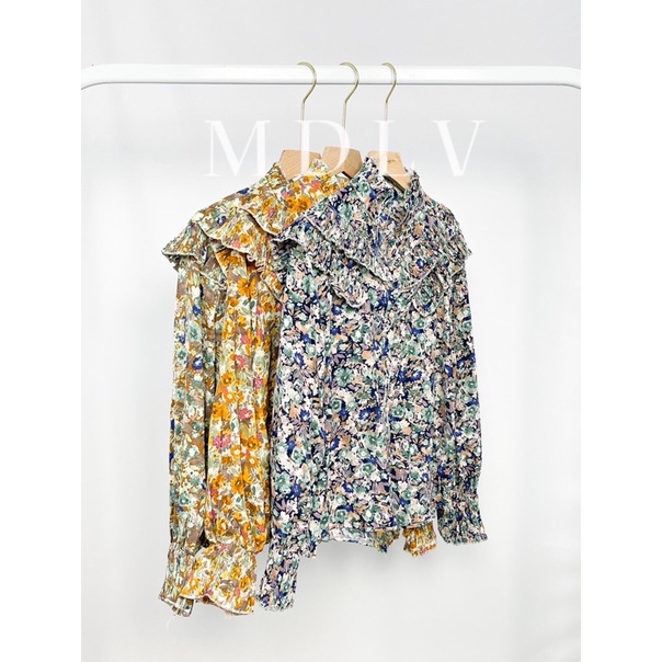 MDLV ~ 2868# Wisteria Pleated Collar Shirt Atasan Blouse Flower Fashion Import