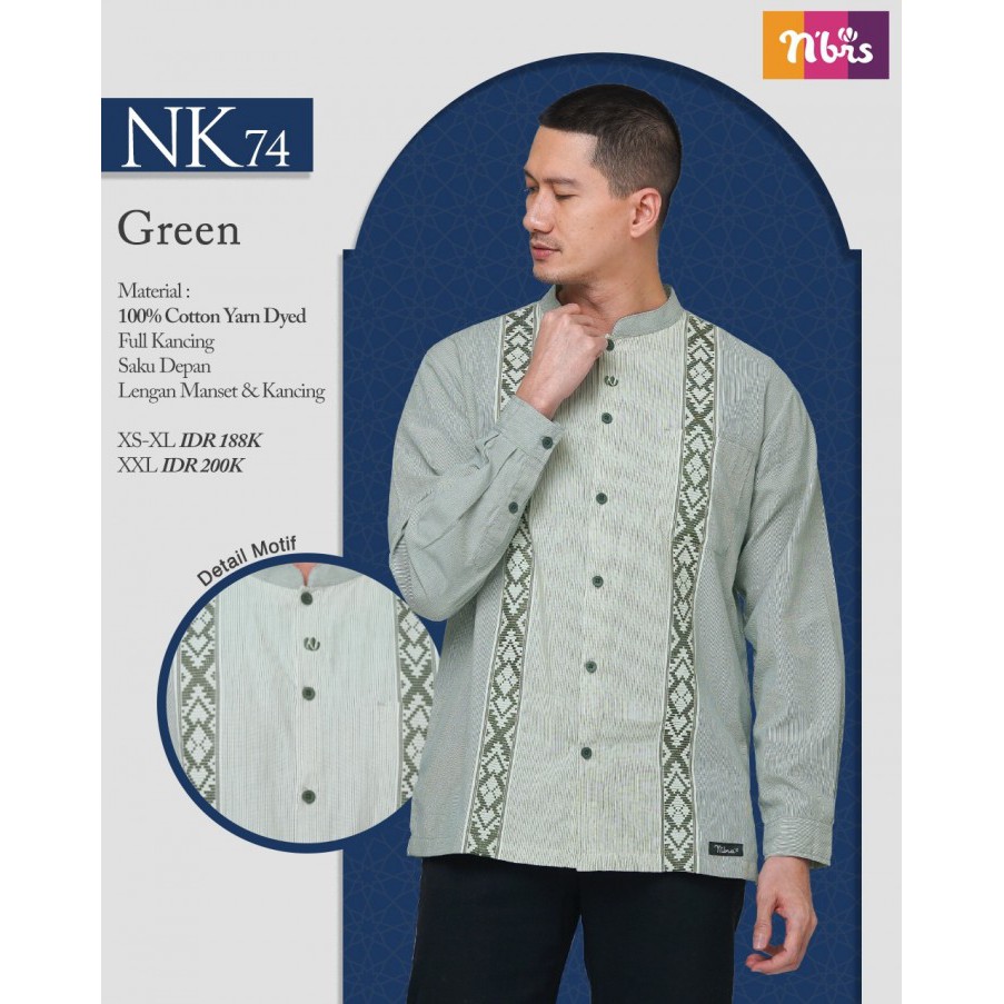 BAJU KOKO KEMEJA LENGAN PANJANG, PAKAIAN MUSLIM PRIA NIBRAS NK 74 NAVY&GREEN