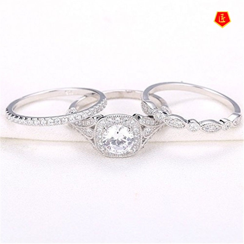 [Ready Stock]Topaz Full Diamond Three Ring Set Luxury Fashion Elegant
