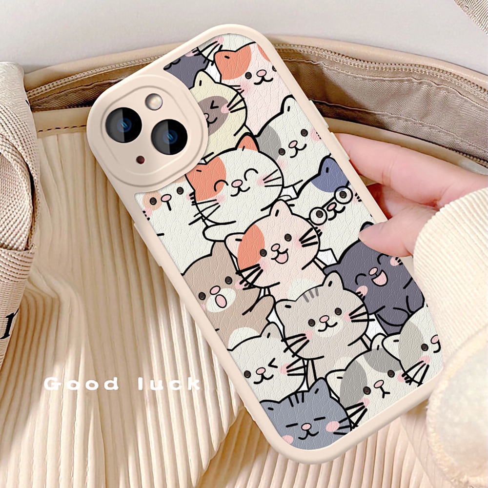 Soft Case Bahan Kulit Silikon Motif Kucing Untuk iPhone 11 12 13 14 Pro Max X XR XS Max 7 8 Plus SE2020 14 Plus