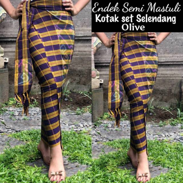 Kamen Bali grosir Kamen Bali Endek Semi Mastuli Kotak Set Selendang Olive Oleh Oleh Bali