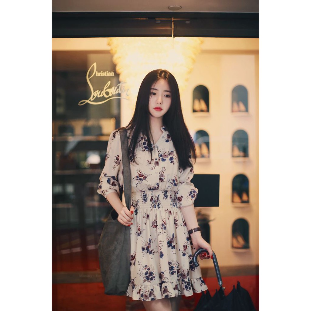 Dress Midi Lengan Panjang Model Longgar Motif Bunga Gaya Korea Bahan Sifon