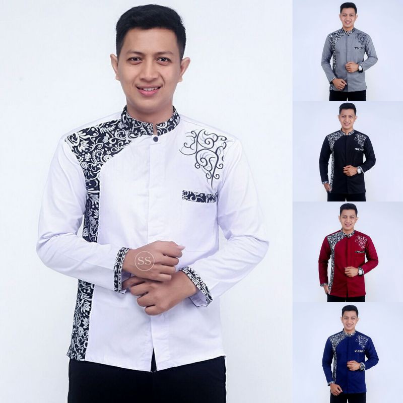 Baju Koko Putih Lengan Panjang Pria Model kombinasi Batik M L XL terpopuler