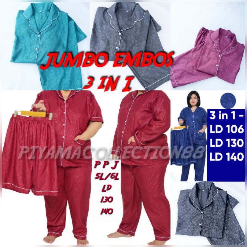 Baju Tidur Jumbo Embos 3 in 1 / piama setelan pasangan baju dan celana