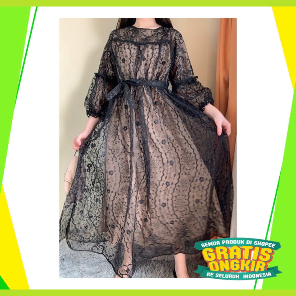 Maxi Hijau ijo Green Lumut Stabilo Lemon Jotol Botol /  Ken-252 Gamis brukat Tulle kondangan Longdre