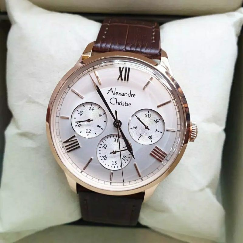 Alexandre Christie Original AC6568 Jam Tangan Pria Tali Kulit coklat Rosegold