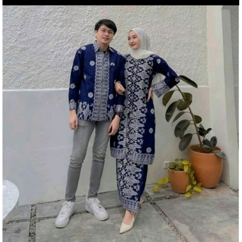 Baju Batik Couple Baju Batik Pria Batik Wanita Batik Songket Cantik Manis Biru Silver