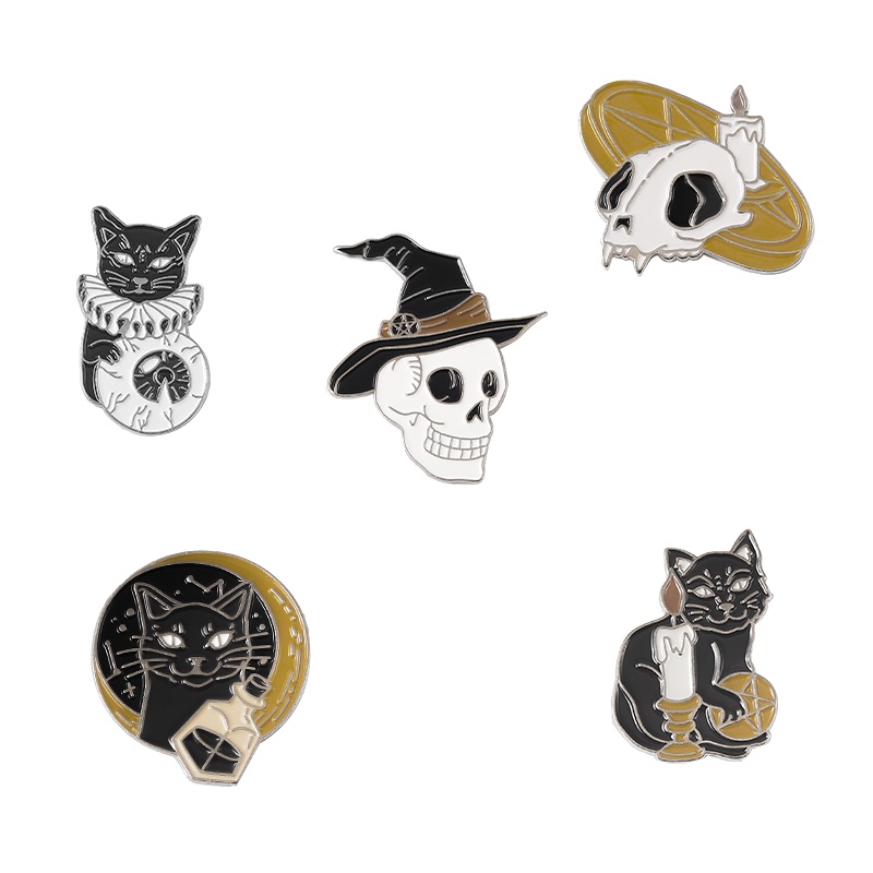 Qihebros Pin Enamel Desain Tengkorak Kucing Magic 5 Gaya Pasang Kerah