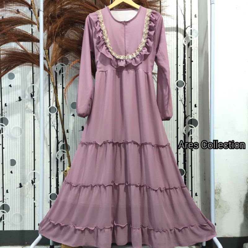 Gamis Ceruty Babydoll Renda Dada Rempel Bawah Umpak Tiga Full Puring Mewah Terbaru