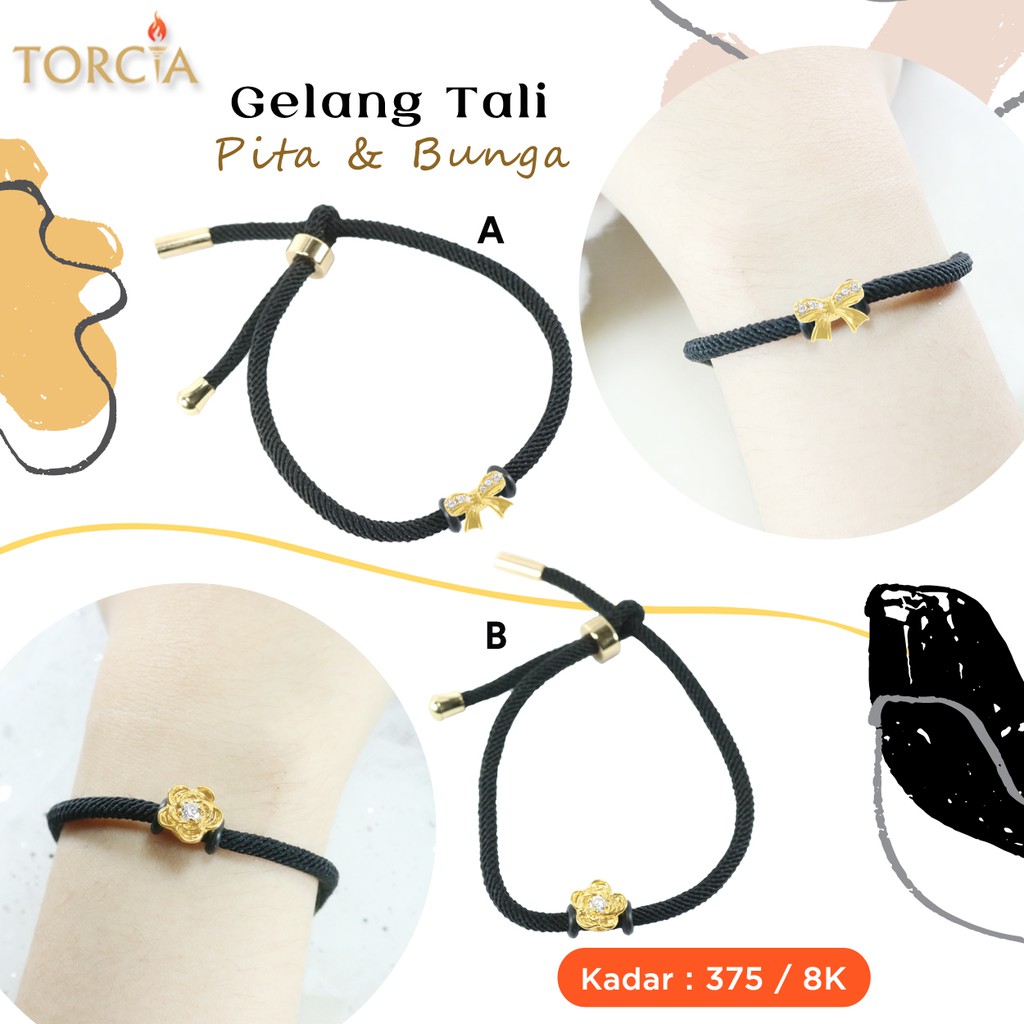 Gelang Tali Charm Emas Asli Pita & Bunga Kadar 375 Torcia