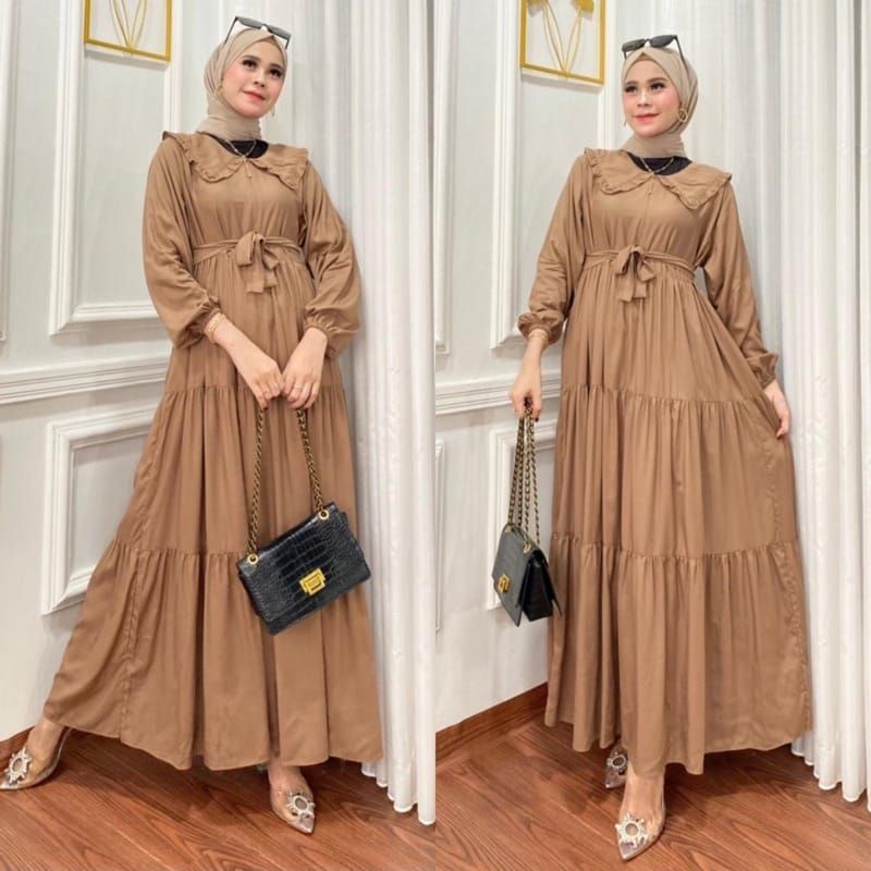 Gamis Susun Rayon Premium Tebal Polos Ruffle Hanum Dress LD110 Big Size Jumbo LD 120 Mocca Cream Nud