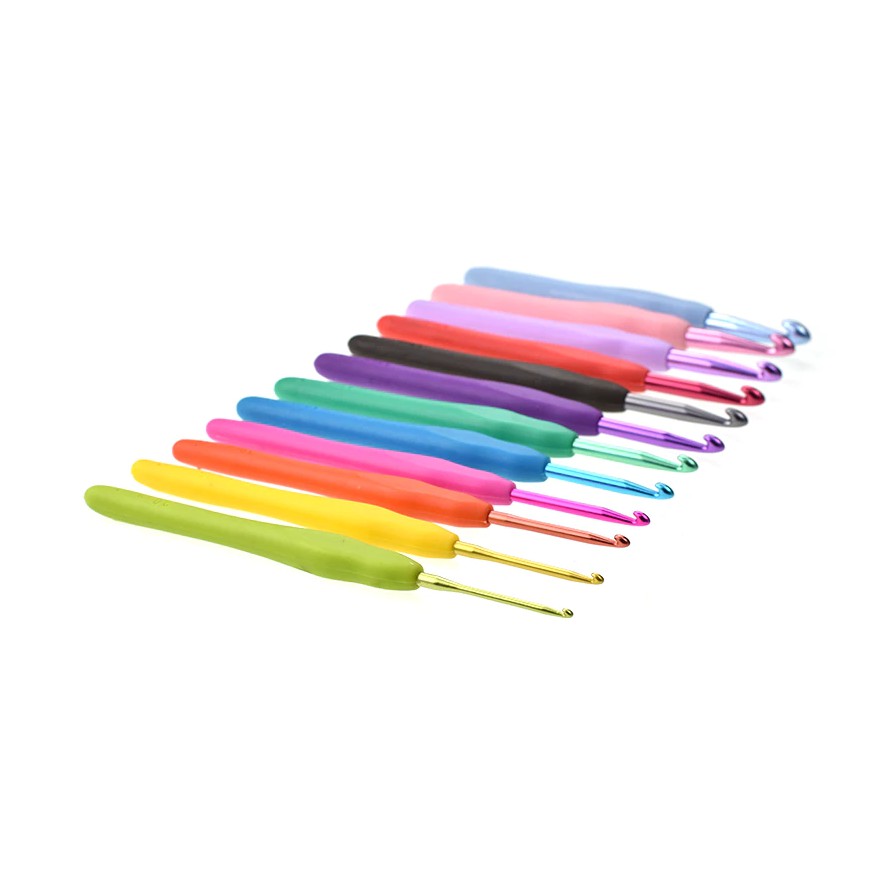 Hakpen Gagang Karet 12 sizes SET ANK / Silicone Handle Aluminium Crochet Hooks - Seri Rainbow