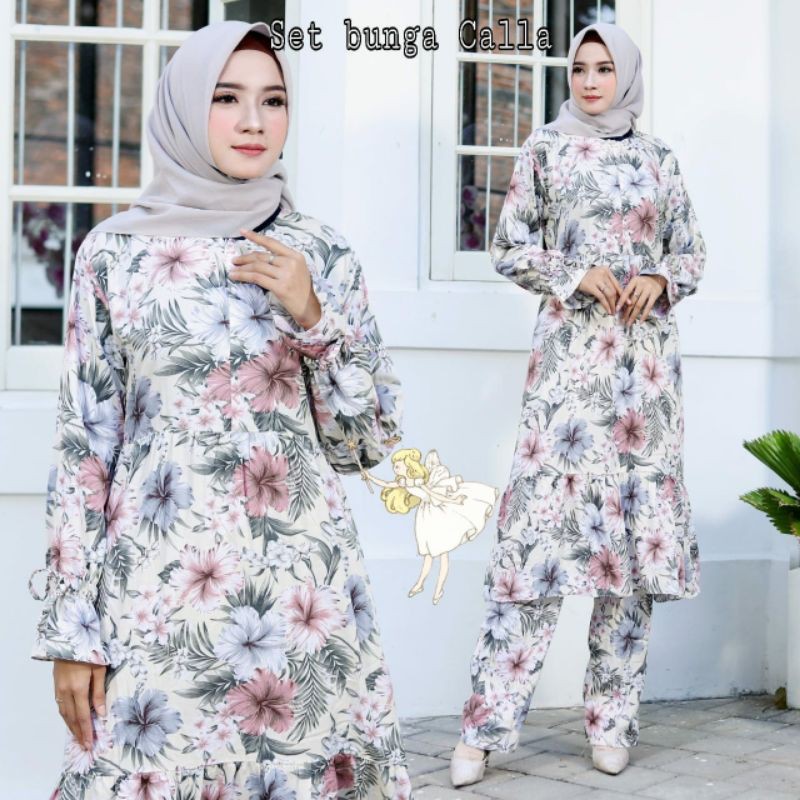 Gianhshop-Set Bunga Calla/setelan/setelan wanita/pakaian wanita/pakaian muslim/gamis/baju terlaris