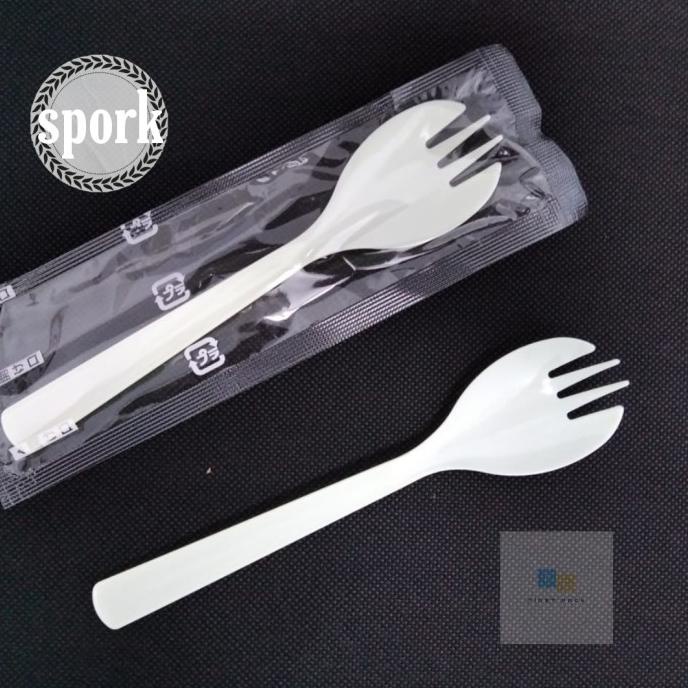 Jual spork steril/spoonfork/sendokgarpu/spork plastik ivory 100pcs