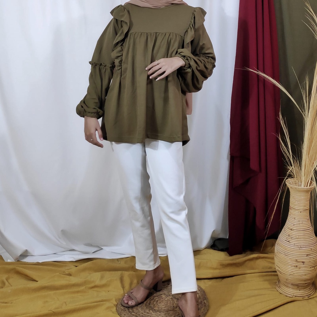 Blouse Wanita Lengan Panjang Kekinian Rumbai Gina LD 106cm Pjg 70cm FIt XL-XXL-Olive Tua
