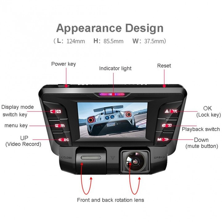 DASHCAM V28 - Dual Lens Rotatable DVR WiFi Camcorder with 2.7 inch LCD