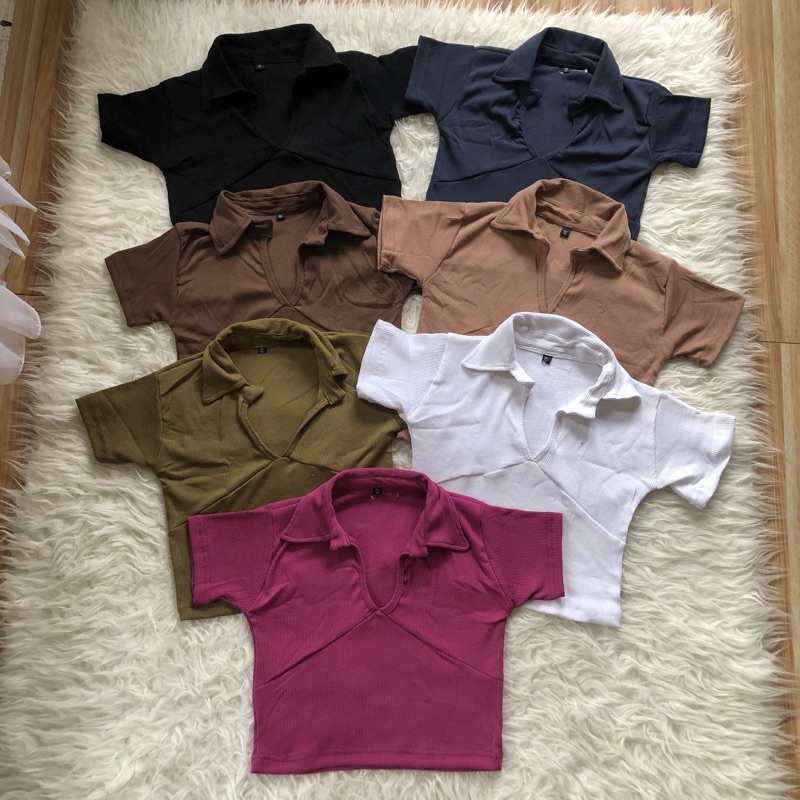 CROP TOP V KERAH SAMBUNG BAHAN RIB