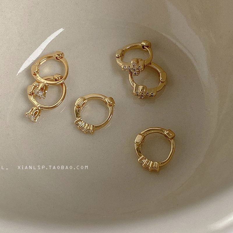 1 Pasang Anting Wanita Lapis Emas 14k Zirkon Anting Hoop Huggie Piercing Earrings Perhiasan