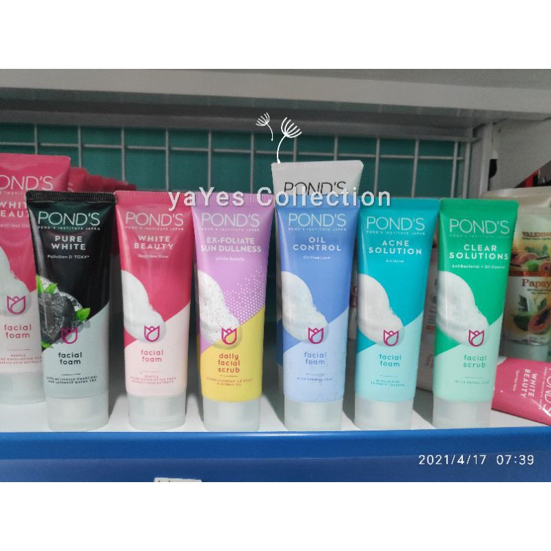 Ponds facial foam Scrub 100ml 50 ml sabun Muka wajah anti bacterial Pure White Bright Beauty oil control solutions glow Pink Hitam Hijau Toska Ungu Biru