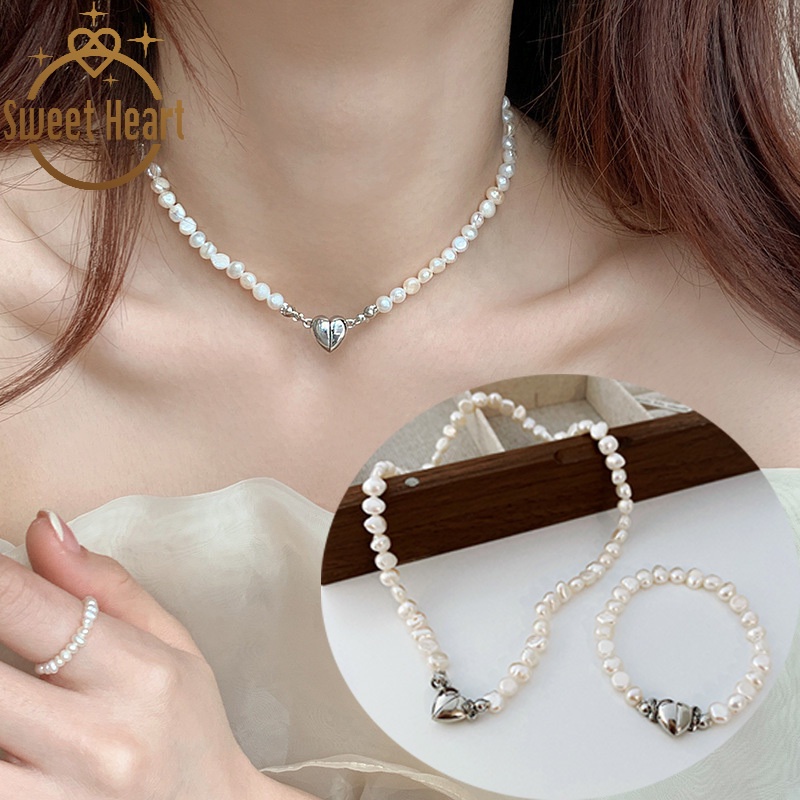 Kalung Rantai Dengan Liontin Hati + Mutiara Imitasi Model Korea Untuk Wanita