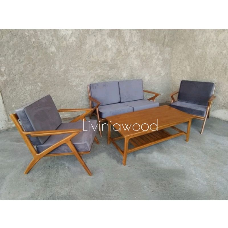 Set kursi tamu minimalis kayu jati, sofa scandinavian retro Jepara murah