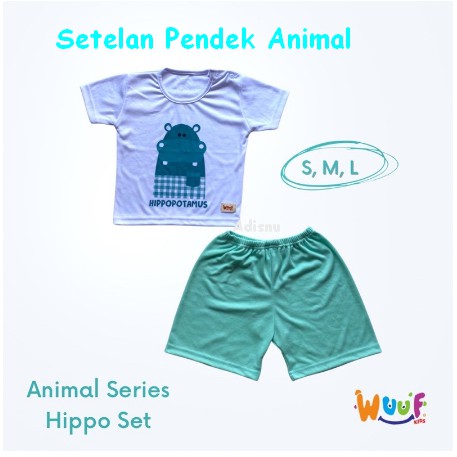 Wuuf Kids Setelan Pendek Bayi Motif Animal Hippo Giraffe Lions Dino 0 sd 24 Bulan