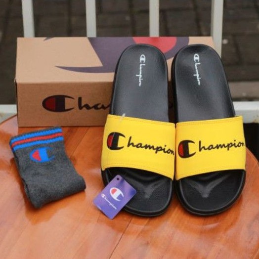 Gratis Kaos Kaki Sandal Slide Champion Black Yellow Varcity Sendal Slop Original