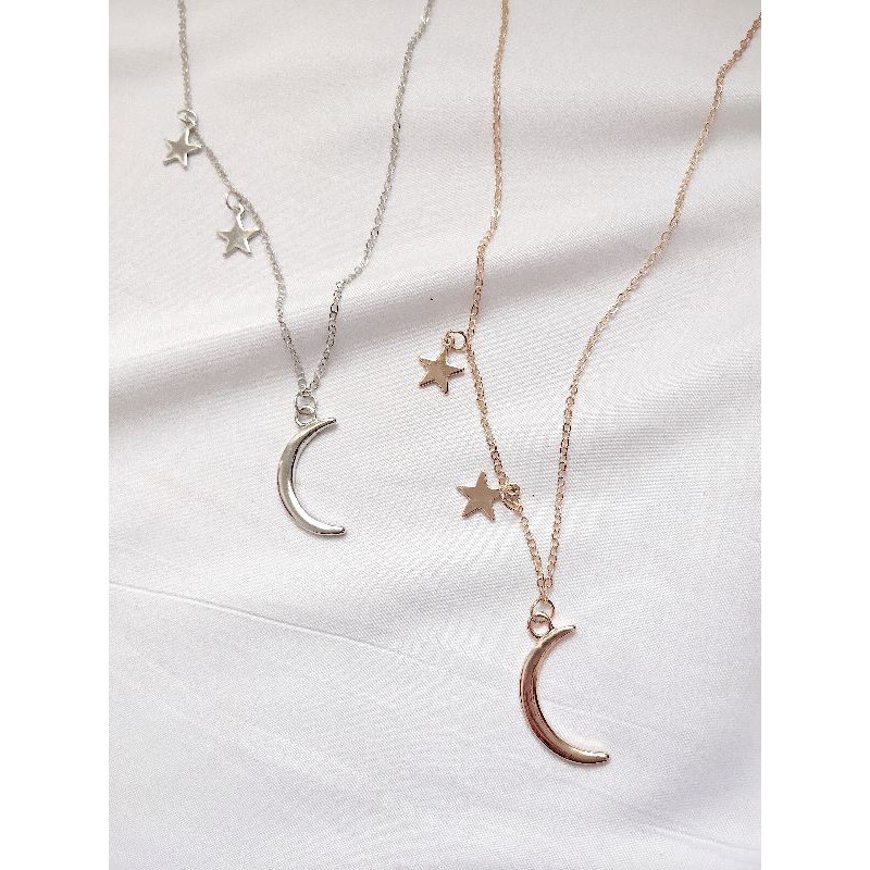 Double star moon necklace kalung wanita bintang bulan sabit emas