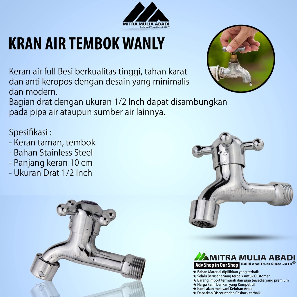 Kran Air Putar Wanly Model Baling Stainless Drat 1/2 inci | Kran Tembok