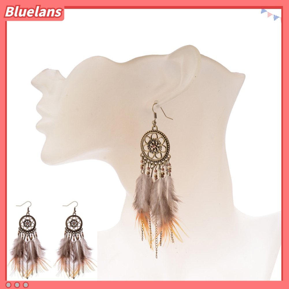 Anting Kait Rumbai Panjang Desain Dream Catcher Aksen Bulu Untuk Wanita