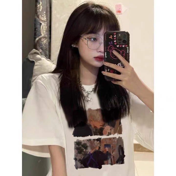 baju kaos wanita painting pattern lengan pendek kaos korean style oversize hitam t-shirt