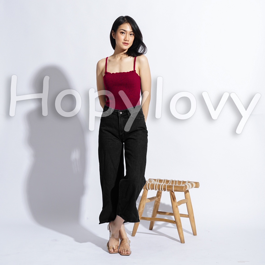 HOPYLOVY Celana Kulot Jeans Boyfriend Jeans Wanita Side Slit Wineta