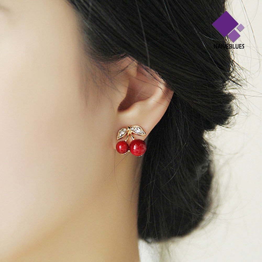 Anting Manik-Manik Ceri Merah Berlian Imitasi Bahan Alloy Warna Emas Untuk Wanita