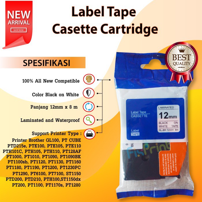 Label Tape TZE-231 TZE231 231 12mm x 8m Black On White Printer Brother