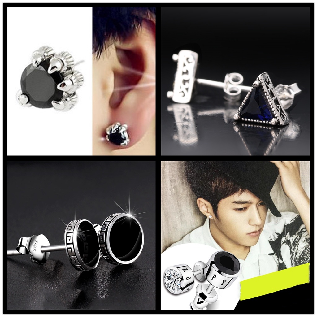 Anting Stud Piercing Bentuk Bulat Bahan Stainless Steel Warna Hitam Gaya Punk Untuk Pria