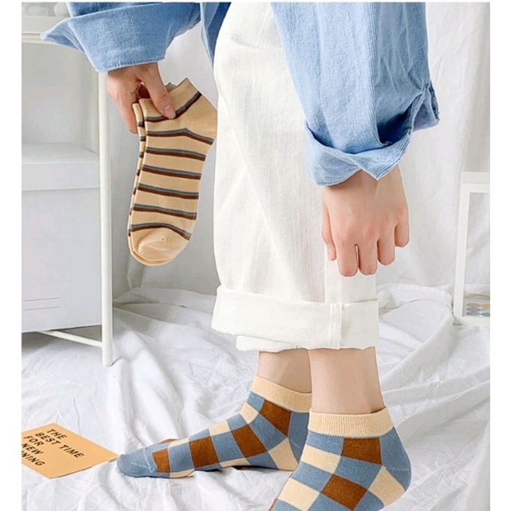 [ COD ] Kaos Kaki Wanita Pria Motif Kotak Catur Garis Polos Simple New Fashion Korean Style Socks Breathable Gaya Korea / Kaos Kaki Pendek Unkle Sock-6