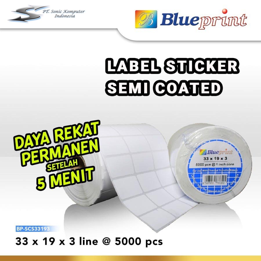 Sticker label Barcode 33x19mm 3 Line Semi Coated BLUEPRINT isi 5000Pcs Stiker Core 1&quot; Inch