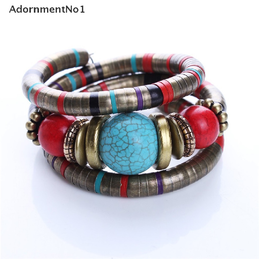 (AdornmentNo1) Gelang Bangle Silver Hias Manik-Manik Turquoise Imitasi Gaya Boho Untuk Wanita