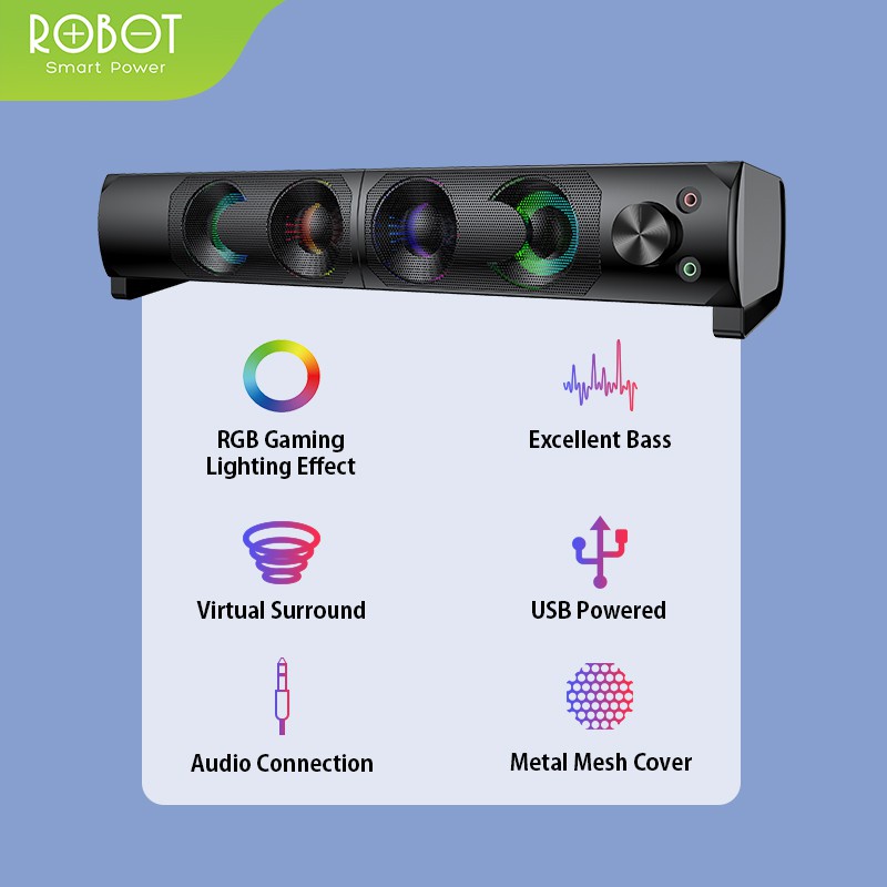 ROBOT RS300 E-Sports Gaming Soundbar Speaker with RGB Lighting Effect Black Original - Garansi 1 Thn