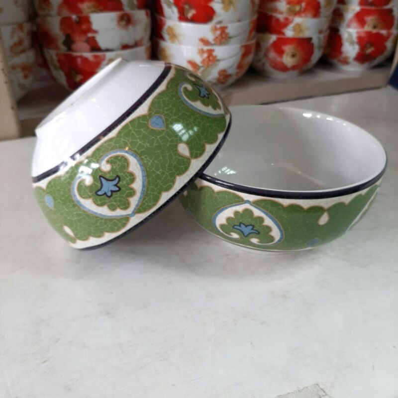 MANGKOK KERAMIK SANGO HIAS CANTIK MOTIF WARNA HIJAU IJO VINTAGE