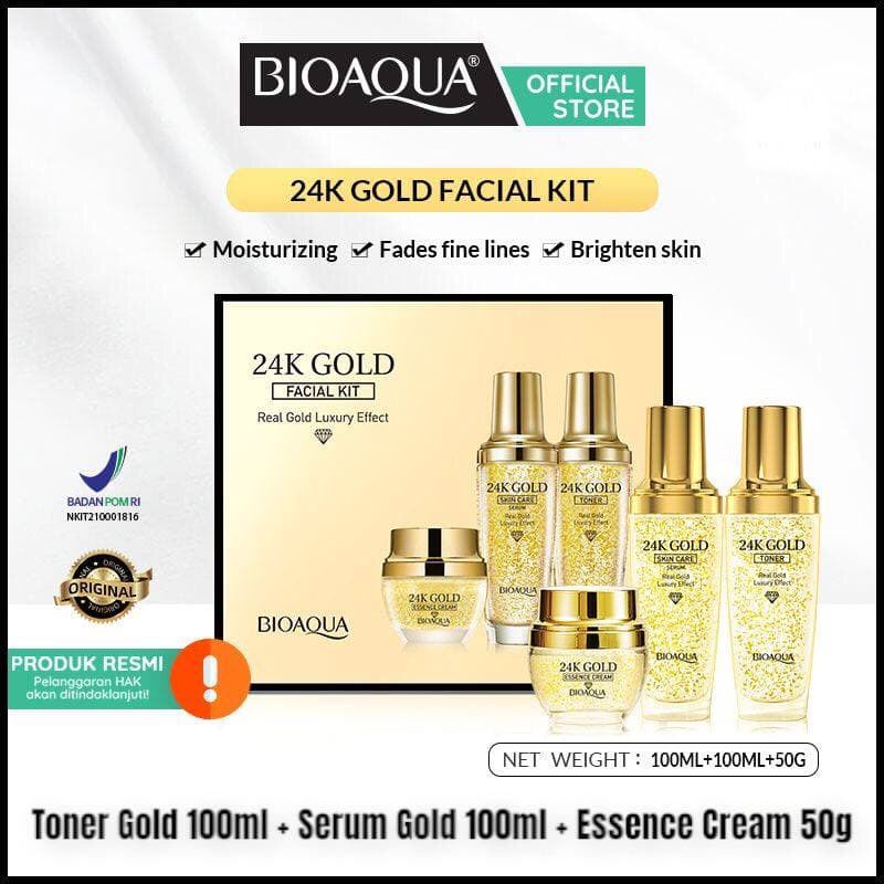 BIOAQUA 24K Gold Facial Kit paket skincare (Gold Toner 100ml+Gold Serum 100ml+Essence Cream 50g) BPOM